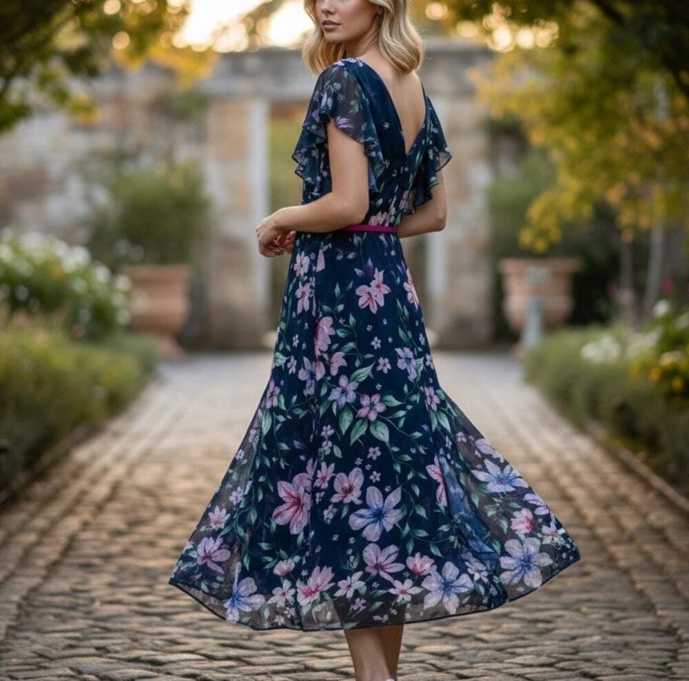 Marchesa Blue Floral Chiffon Midi Dress SIZE 6 Flocked Romantic Designer $700